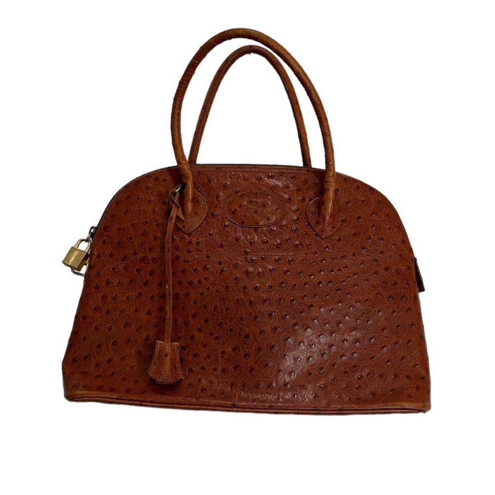 Vintage Genuine Brown Ostrich Skin Leather Satchel Handbag
